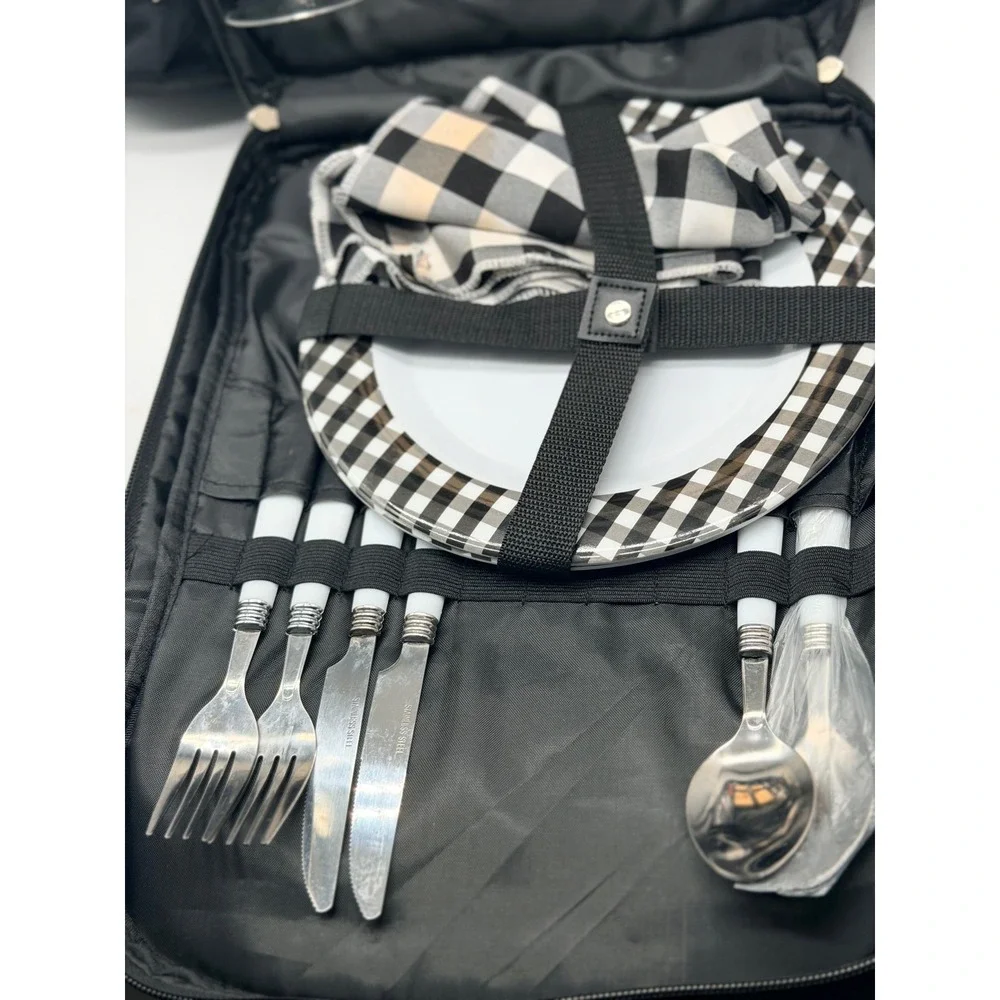 Plush Picnic Backpack Set for 2 Black Plates Wine Glasses Blanket Utensils